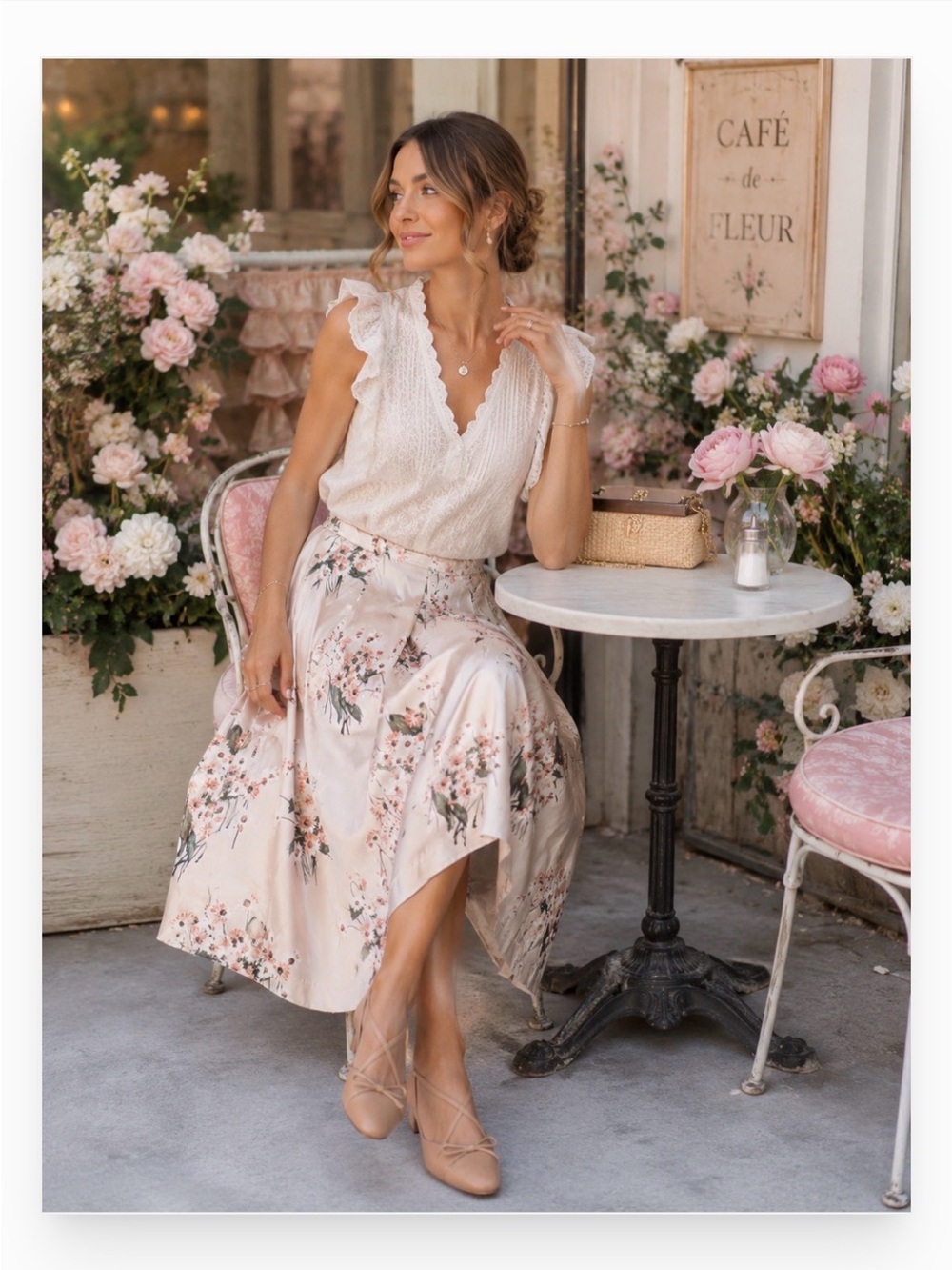 Anthropologie Floral Midi Skirt in Light Beige and Blush